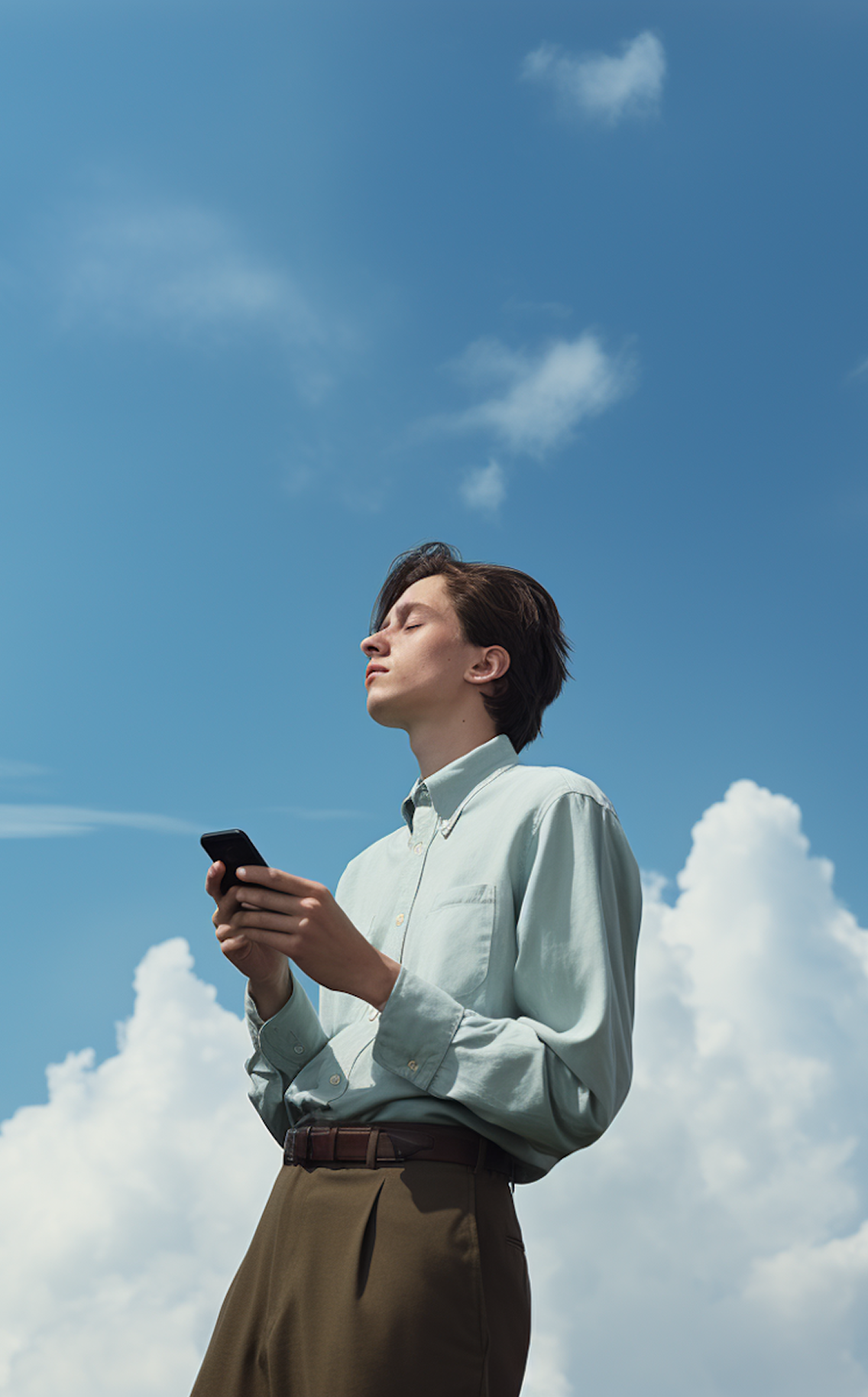 Person looking up at the sky, phone in hand